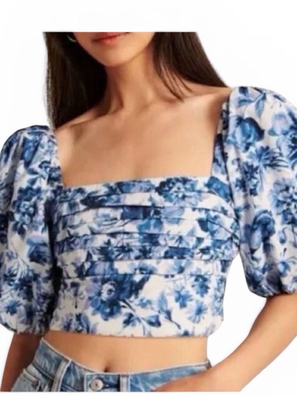 Abercrombie & Fitch Blue Floral Square-Neck Puff Sleeve Crop Top
